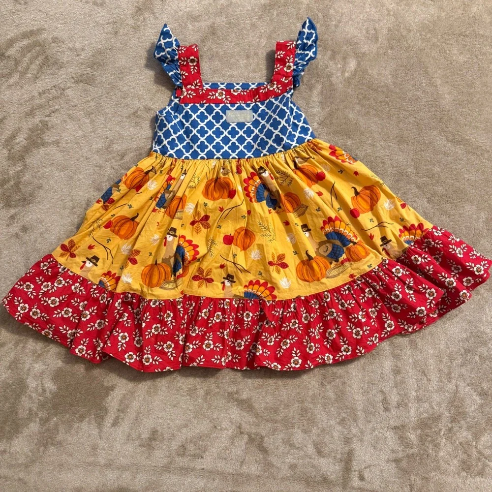 Eleanor Rose Girls Thanksgiving Turkey Pumpkin Dress Size 4 Mixed Print Harvest